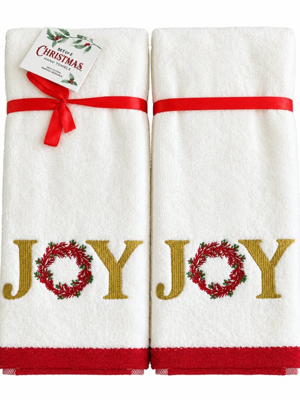 Christmas Joy Wreath Hand Towels Holiday Embroidered White Gold Winter Set of 2
